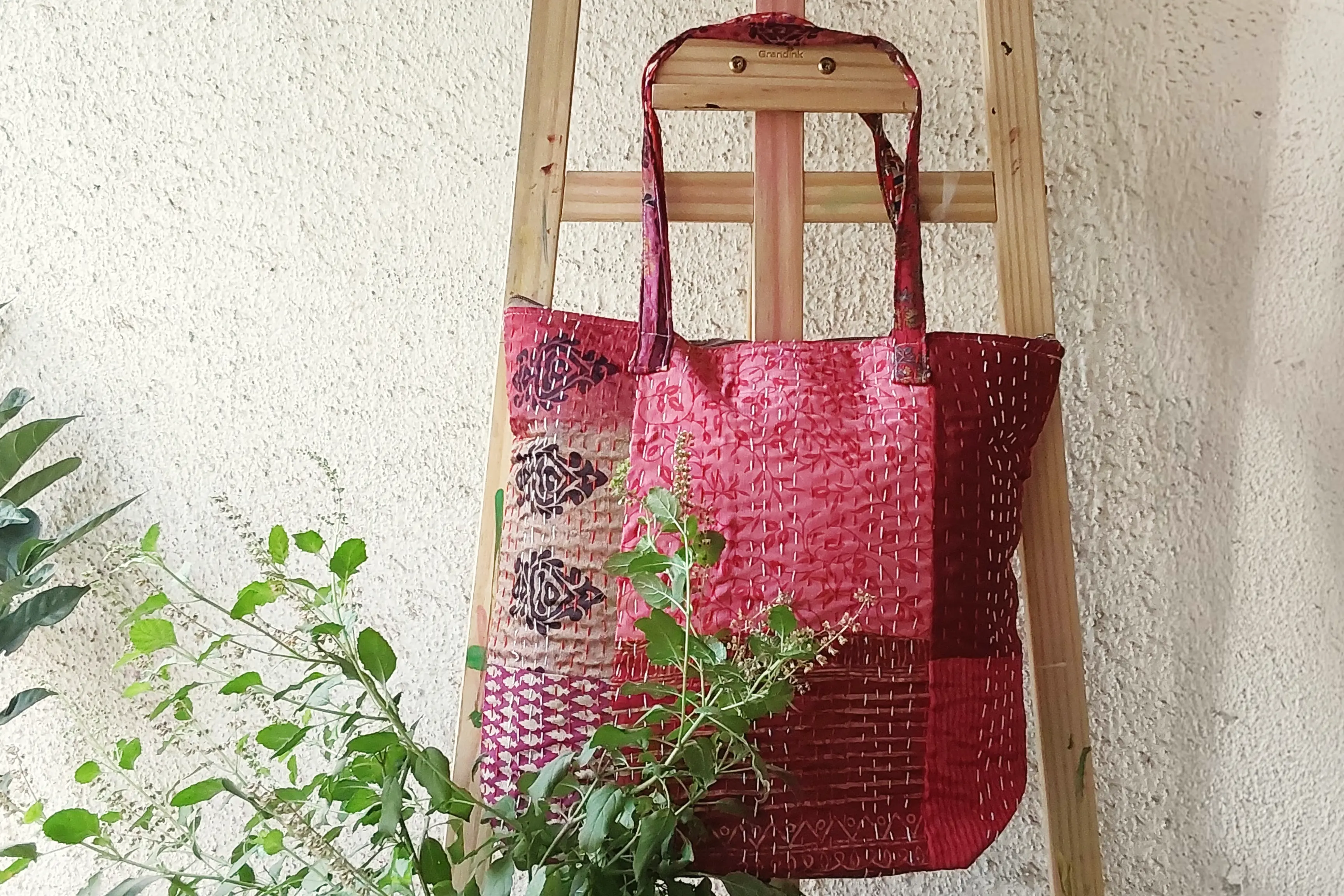 Deep Red Patchwork Kantha Bag