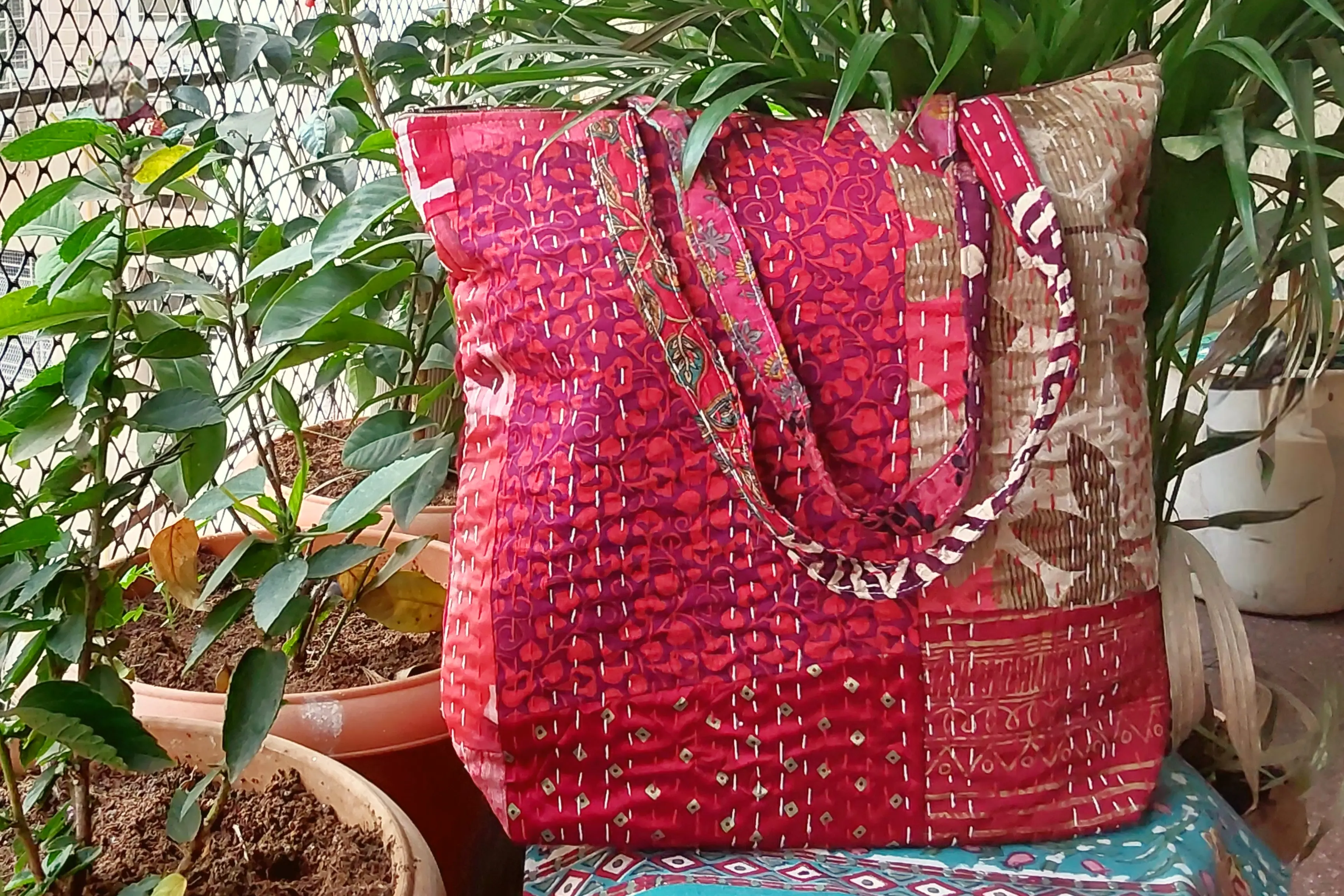 Deep Red Patchwork Kantha Bag