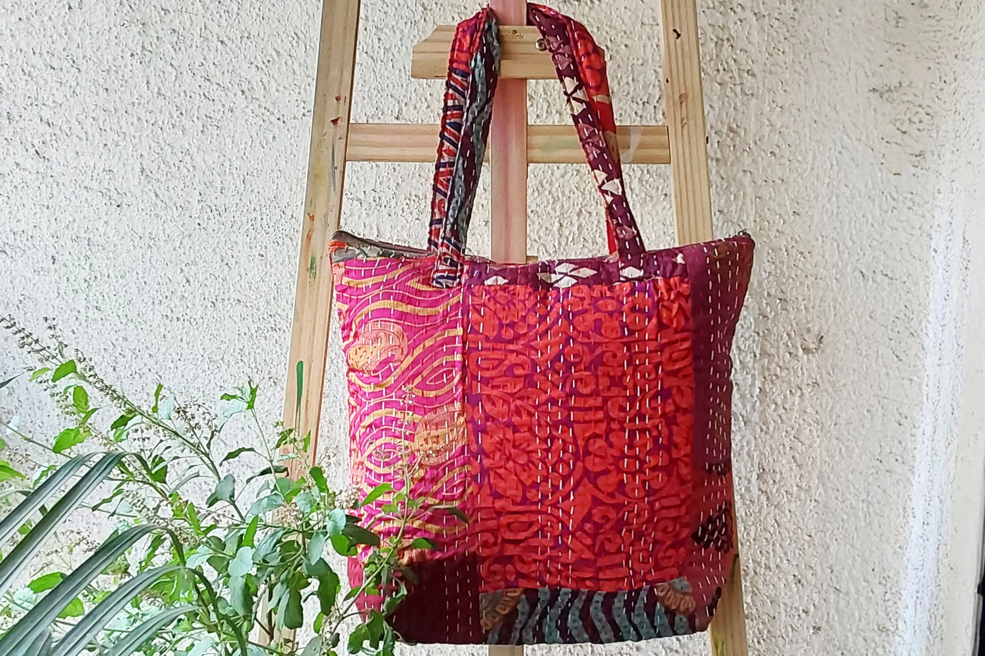 Rich Red Patchwork Kantha Bag