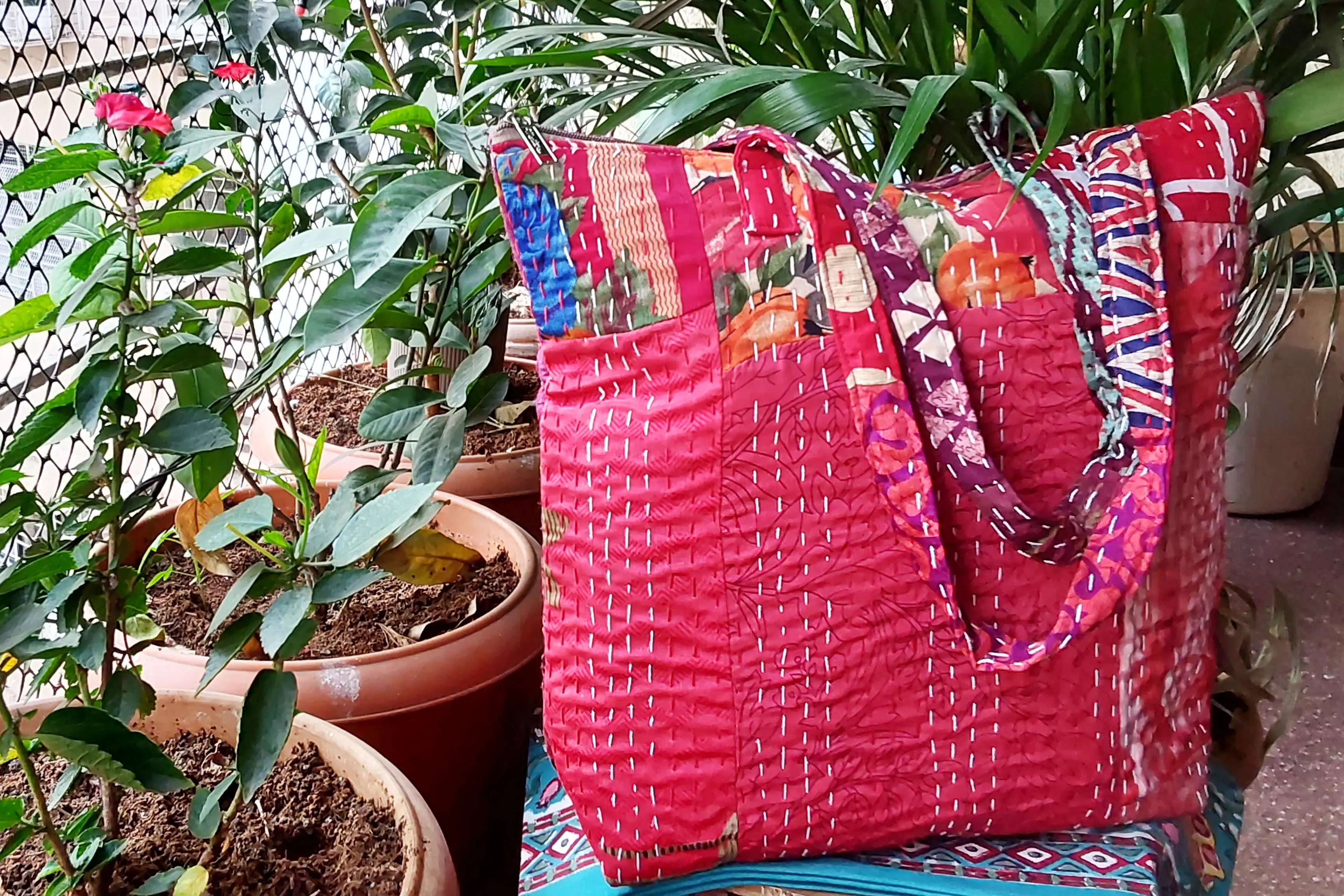 Rich Red Patchwork Kantha Bag